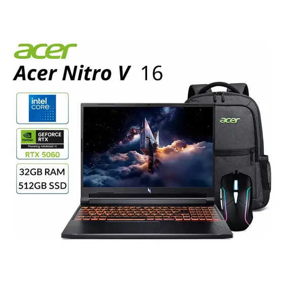 Acer Nitro V 16 Gaming Laptop, Intel Core i7 240H, RTX 5060, 32GB DDR5, 512GB SSD, 16" WUXGA 180Hz, teclado retroiluminado, accesorios y mochila.