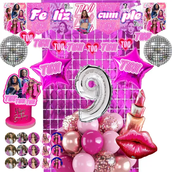 Combo Globos Tini Stoessel Deco Banderin Sticker Topper