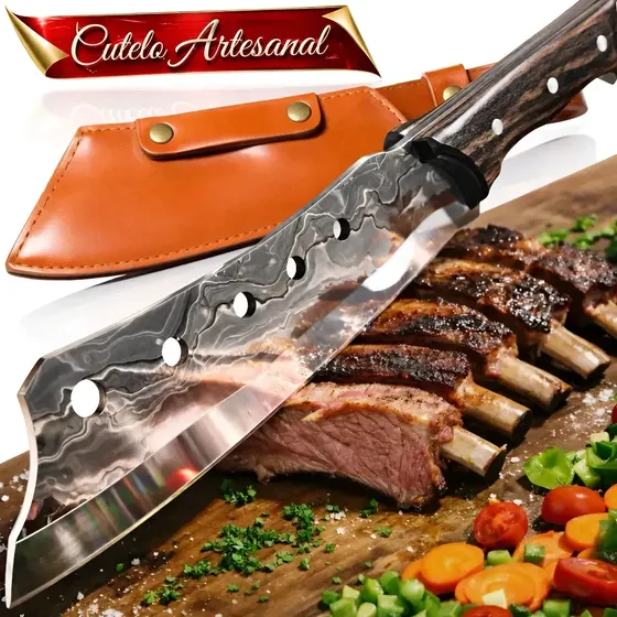 Cutelo Esmeralda Corte Preciso Aço Forjado Cabo Madeira Premium Faca Profissional Cozinha Churrasco Carnes Legumes Peixe Chef Artesanal Full Tang Lâmina Afiada Resistente Coldre Incluso