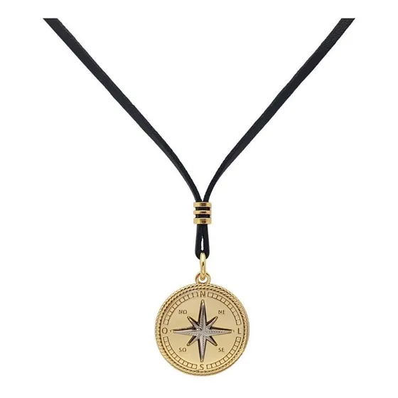 Colar De Couro Masculino Pingente Bussola Dourado Ajustável