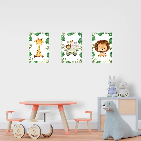 Kit 3 Quadros Infantil Safari Quarto Sala Decorativo Menino