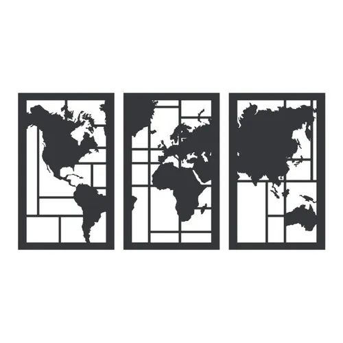 Cuadro Triptico Madera Decorativo Planisferio Mapa Moderno Imback Color Negro 90cm largo