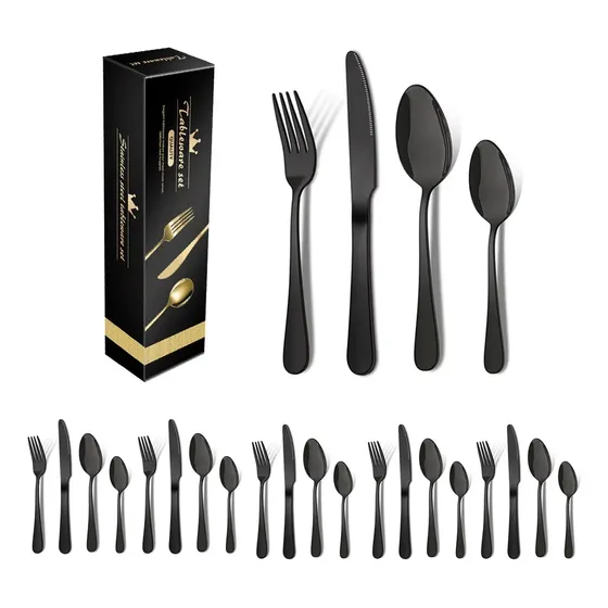 Kit Faqueiros Aço Inox Luxo Conjunto Talheres 24 Pçs Preto