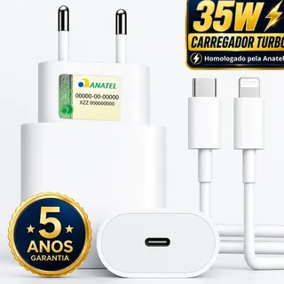 Carregador Turbo 35w Compatível iPhone Usb-c Com Cabo 1m Bivolt Carregamento Turbo Compatível iPhone 7 8 X Xr 11 12 13 14 Branco - Hitech