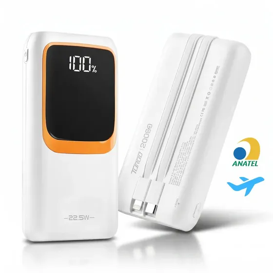 Carregador Portátil 20000mah Turbo 22.5w Power Bank Rápido Universal Com Cabos Integrados Tipo C E Ios Para Celular Samsung iPhone Xiaomi Motorola Smartwatch Tablet Voo Transporte Aéreo Branco