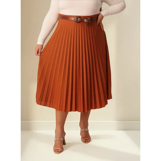 Saia Midi Plissada Plus Size Forrada Elástico Cintura