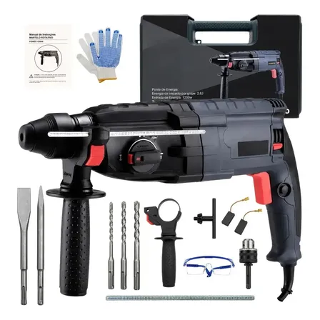 Martelete Rompedor Furadeira de Impacto Allmind 1200W 5Kg SDS Plus Perfurador Demolidor 3 em 1 Profissional Potente para Concreto Parede Obra com Maleta e Acessórios