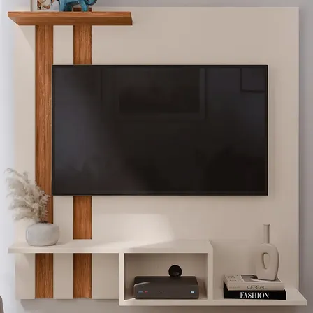 Painel Suspenso Lojasgk Painel Moderno Marrom TV 32 Polegadas Off White Cedro
