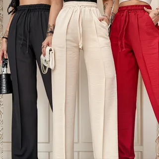 Kit Com 3 Calças Pantalona Feminina Cintura Alta Com Bolso Kit Com 3 Calças Pantalona Feminina Cintura Alta Com Bolso