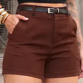 Shorts Alfaiataria Feminino Social Cintura Alta Bolsos Verão