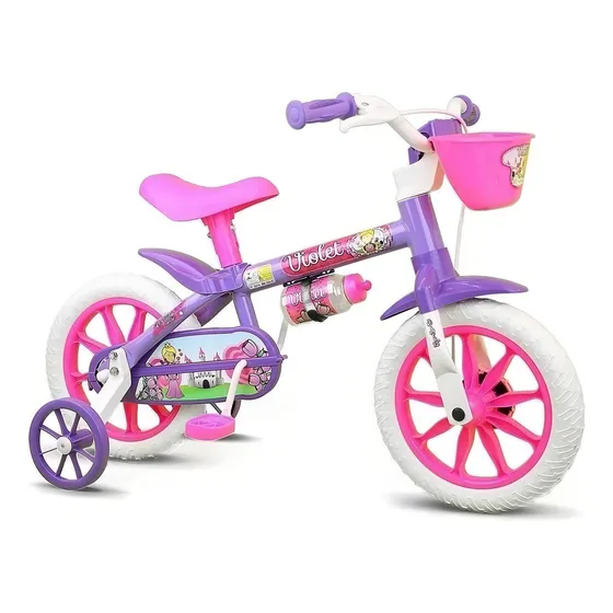 Bicicleta infantil infantil Nathor Violet aro 12 freio tambor cor violeta/branco/rosa com rodas de treinamento