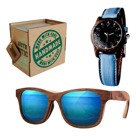 Combo Kit Reloj Lentes Dama Regalo Madera Artesanal Moda