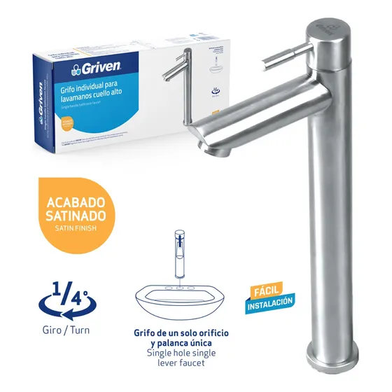 Llave Lavamano Alta Individual 30 Cm Acero Inox Agua Fría 