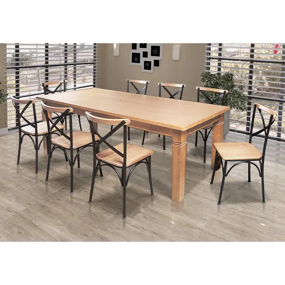 Mesa Jantar Retangular Aurora 2m X 1m Com 8 Cadeiras Paris Cor Estrutura Preta / Assento e Encosto Naturais Desenho do tecido das cadeiras Sem Tecido
