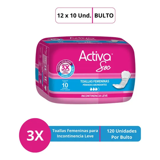 Toalla Sanitaria Para Incontinencia Activa Sec Por Bulto