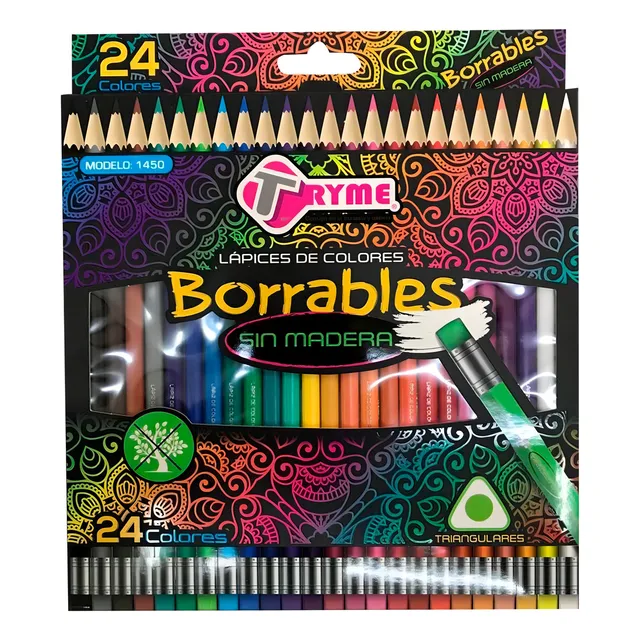 Lapices De Colores Borrables Tryme Sin Madera Caja C/24 Pzs