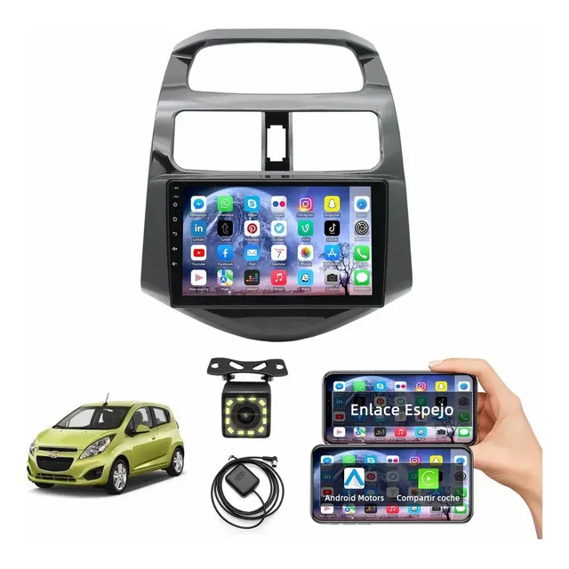 Auto Estéreo Android Carplay Android Auto 2 32g Chevrolet Spark 2009 2014 Autoestéreo Pantalla Táctil 9' IPS con Pantalla para Carro Mirror Link Wifi Bluetooth Cámara Fm Bt Hd Aux Tf Usb GPS DSP