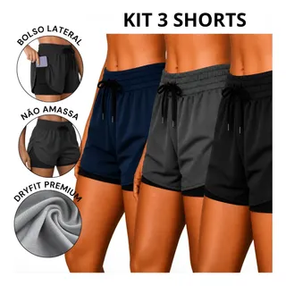 Kit 3 Shorts Compressão 2 Em 1 Feminino Fitness Academia