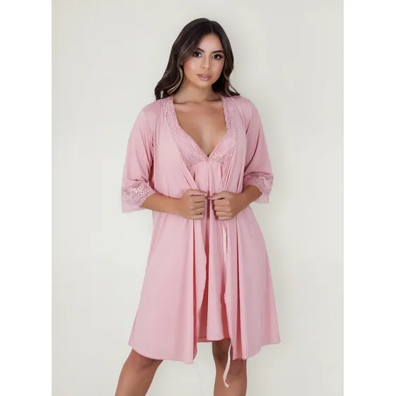 Camisola Amamentação Com Robe Maternidade Gestante Pós Parto