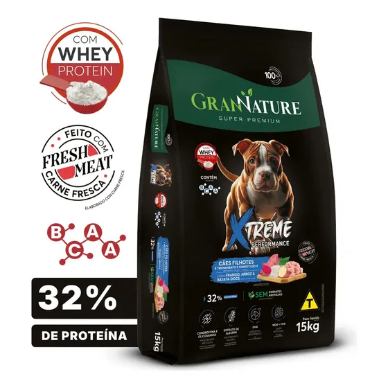 Ração Whey Protein Grannature Xtreme Alta Performance 32% Proteína para Cães Filhote raças Médio E Grande Porte Alimento Seco Sabor Frango Super Premium Com Bcaa Sem Corantes Saúde Articular 15kg