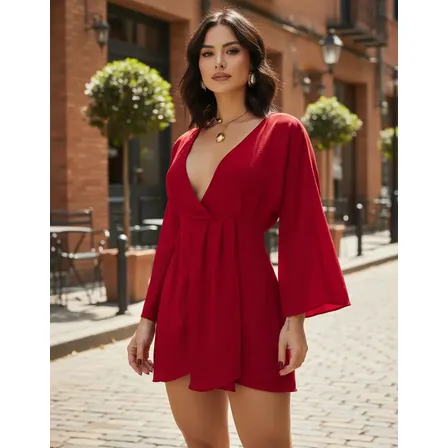 Vestido Feminino Curto Soltinho Social Manga Flare Dori Vermelho Único