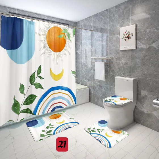 Cortina Baño Juego 4 Piezas Set Alfombras Ducha Inodoro