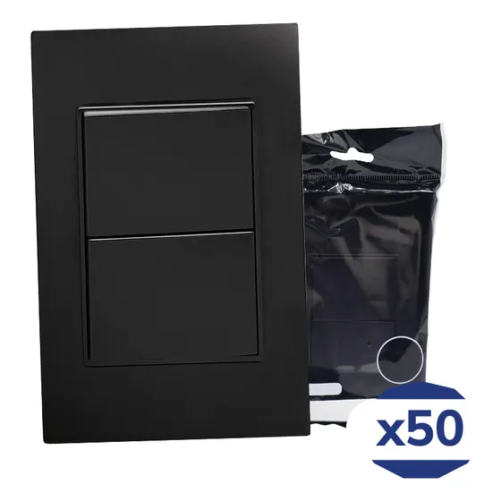 Placa Apagador De 2 Interruptor 3 Vias 90-277vca Negro Mate 77x124mm Premium Artlite Apl-302 Paquete 50 Piezas