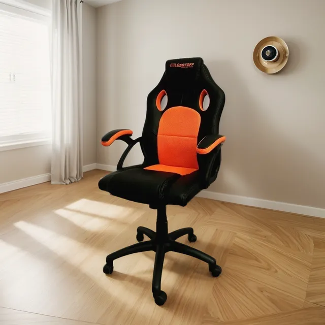 Silla de escritorio Lüsqtoff SGL100-9 gamer ergonómica negra y naranja con tapizado de cuero sintético