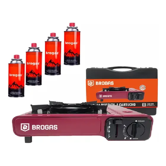 Anafe A Gas Butano Brogas + 4 Cartuchos Camping