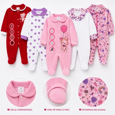 Kit 3 Macacão Bebê Estampado Algodão Enxoval Inverno Macio Estampado Sortido P (0-2 Meses)
