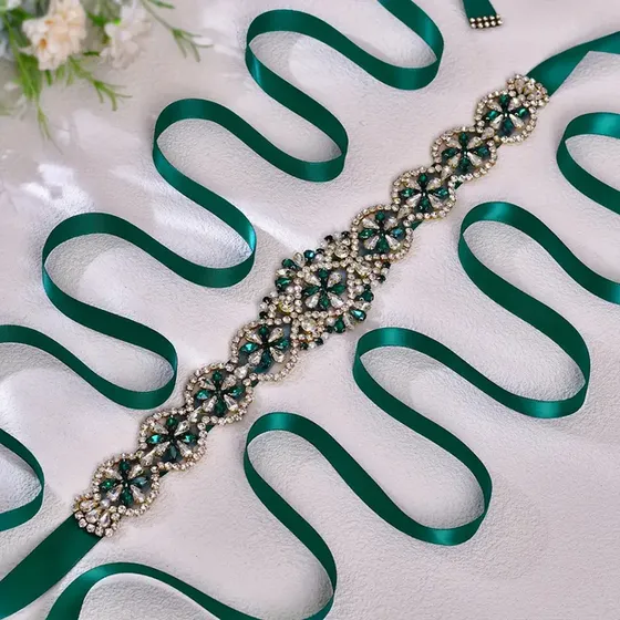 Cinturón Con Pedrería Y Organza Para Vestido De Fiesta Verde Oscuro Lisa Ajustable
