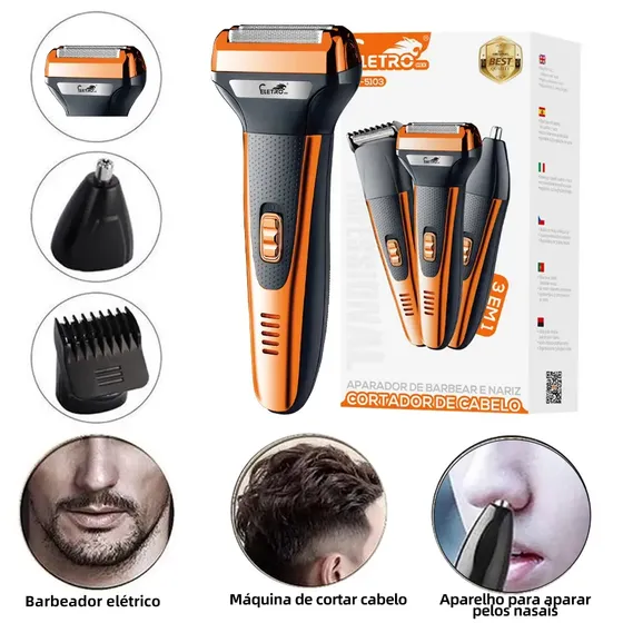 Maquina De Barbear Aparador E Depiladorde Pelos Elétrico 3 Em1 Cabelo Nariz Barba Corpo - Eletro Mex Laranja