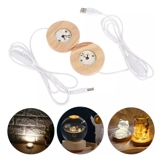 Kit 2 Bases De Led Com Luz Para Cristal Redonda Tomada Usb
