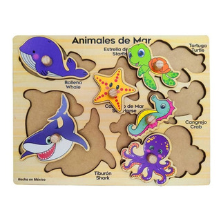 Rompecabezas Bilingüe Animales De Mar Con Pija, Madera Fino Rompecabezas Bilingüe Animales De Mar Con Pija, Madera Fino