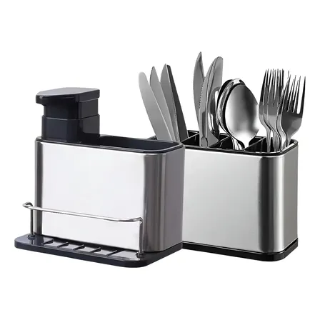 Kit De Escorredor De Talheres + Porta Detergentes Aço Inox Prateado
