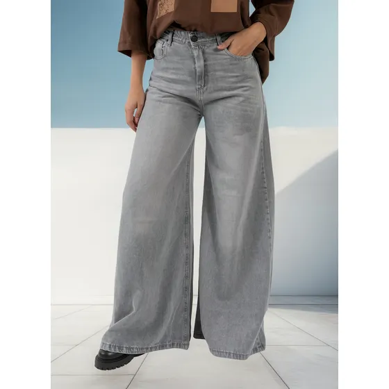 Jean Wide Leg Gris Super Ancho Palazzo Denim Amplio Talles