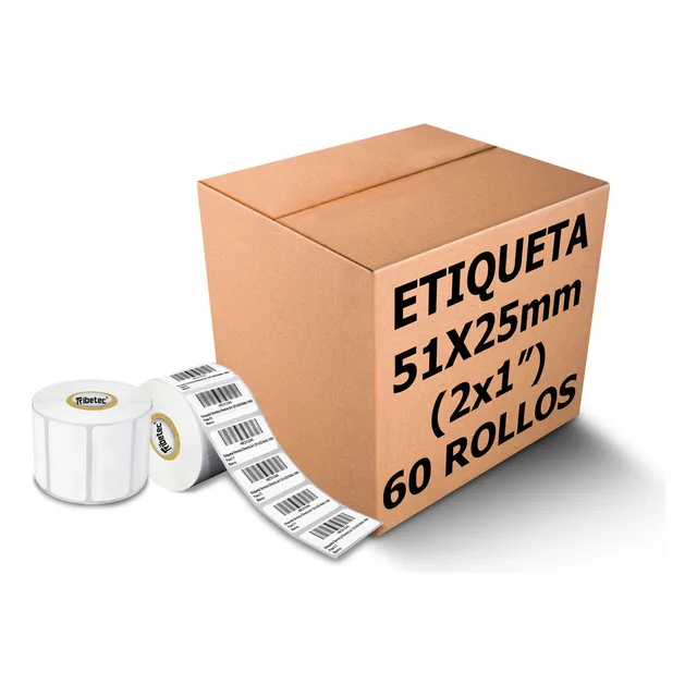60 Rollos Etiqueta Térmica 2x1 (51x25 Mm) Full 1000 Pzs C/u Color Blanco