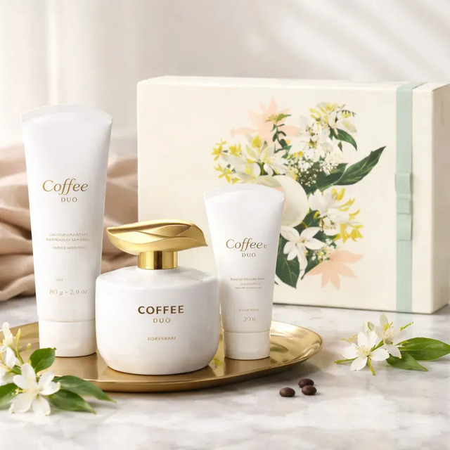 Kit presente O Boticário Coffee Woman Duo contendo frasco de perfume, bisnaga de creme hidratante e caixa decorada com flores brancas sobre bandeja dourada