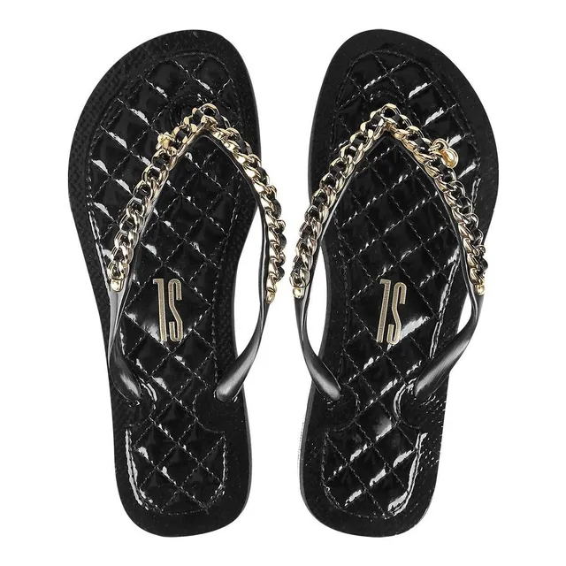Chinelo Santa Lolla Corrente Dourada Verniz Preto