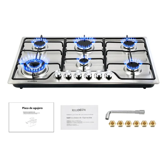Parrilla gas empotrable 6 quemadores acero inoxidable estufa gas de mesa plateado Xiudeen XD6001