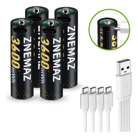 Pacote de 4 baterias recarregáveis Znemaz Aa, interface USB-c, 3600 mWh, 1,5 V, carregamento rápido, bateria de longa duração, adequada para controles remotos de TVs, videogames, relógios, etc.