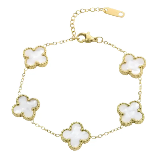Pulsera Treboles Cuatro Hojas Blanco Nacar Acero Baño Oro 18