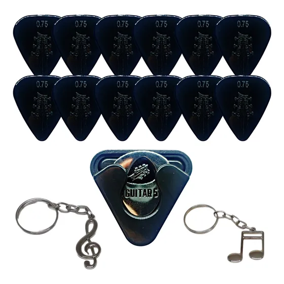 Kit 12 Palhetas Violão Guitarra + Porta-palheta + Chaveiros