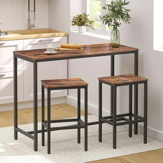 Mesa Bar De Cocina Rectangular Con 2 Bancos Portátiles