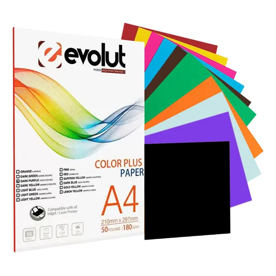 Papel Color Plus Marca Evolut Folha A4 180g Colorida 50 Und Várias Cores Alta Qualidade