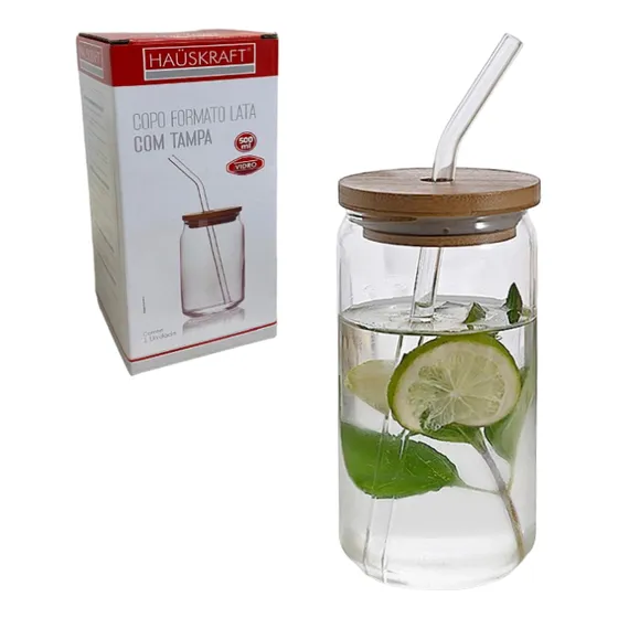 Copo Lata Drink Com Tampa Bambu 500ml Suco Canudo Em Vidro