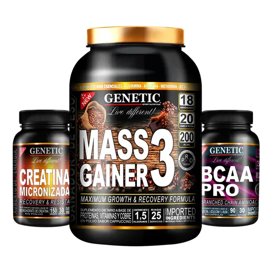 Combo Ganador Masa Muscular Creatina Micro Bcaa Pro Genetic 