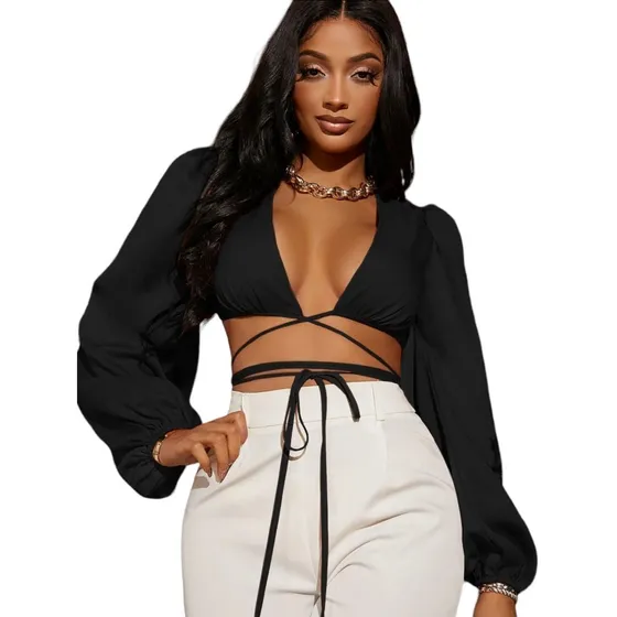 Blusa Negra Para Damas Manga Larga Shein Crop Top Negro