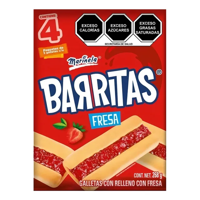 Barritas De Fresa Marinela 268g 4 Paquetes De 2 Galletas C/u