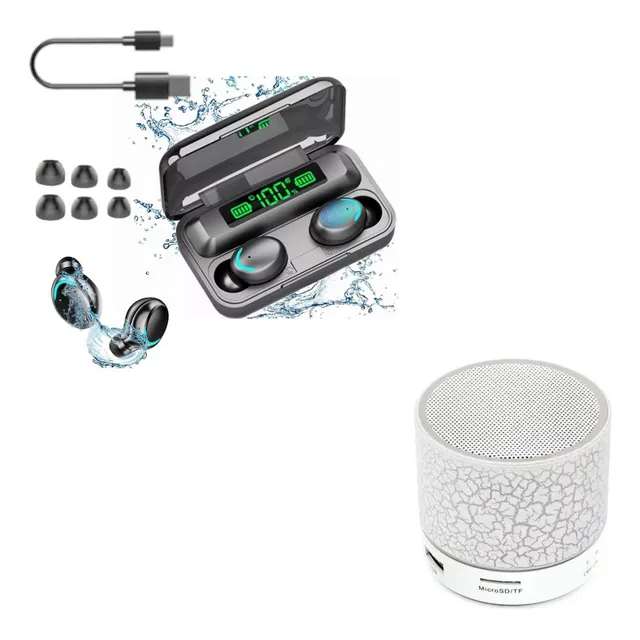 Kit Audífonos Bluetooth F9 Negros Y Bocina Portátil Blanca